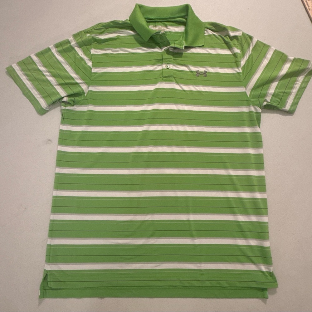 Under Armour Golf Polo Shirt Mens XL Green White Stripe HeatGear Short Sleeve